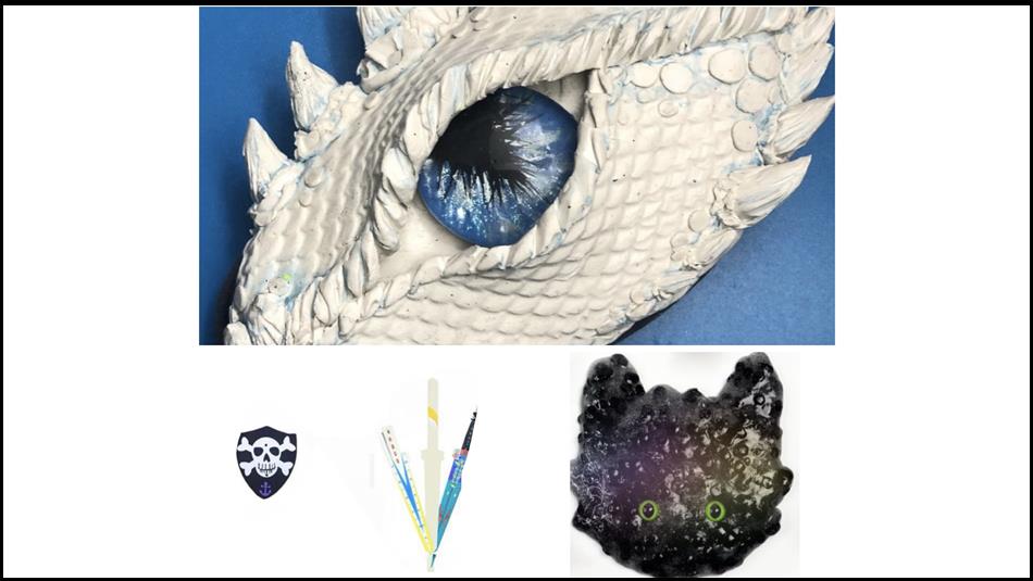 Dragon Scale Slime, a wooden sword and shield and a handmade dragon eye.