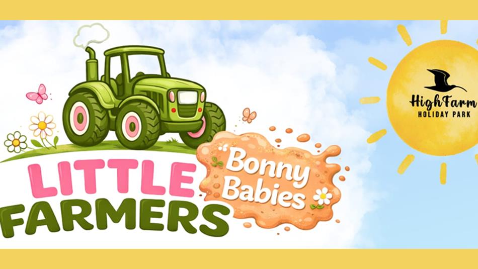 Illustration of a tractor mowing a lawn against a background of blue sky, sunshine and fluffy white clouds.