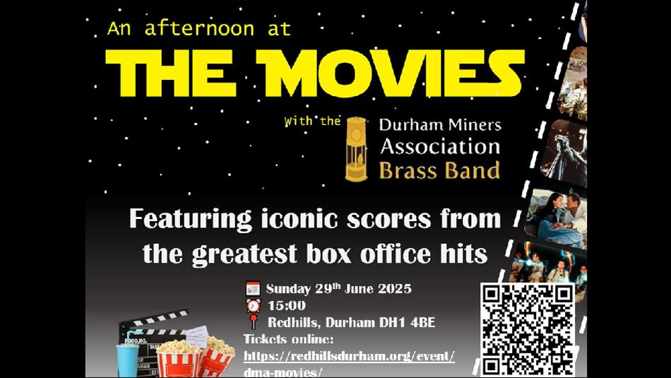 Starry background, popcorn and a reel  which shows iconic clips from movies. 'An Afternoon at The Movies'