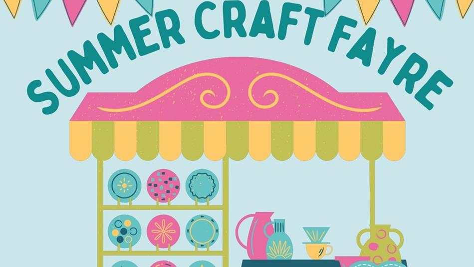 Summer Craft Fayre. Colourful Illustration of patterned plates, jugs, and vases on a stall.