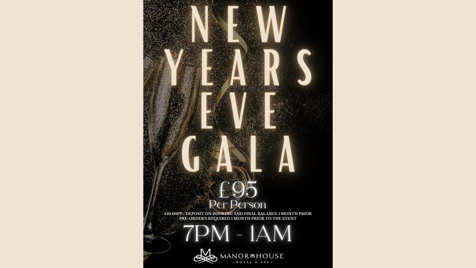 Text reads, 'New Year's Eve Gala'. against a background of fizz and streamers.