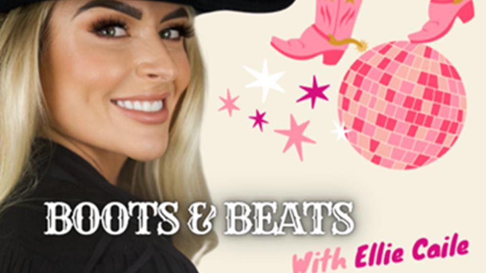 Boots & Beats with Ellie Caile. Ellie Caile and poster showing cowgirl boots, stars and a disco ball.