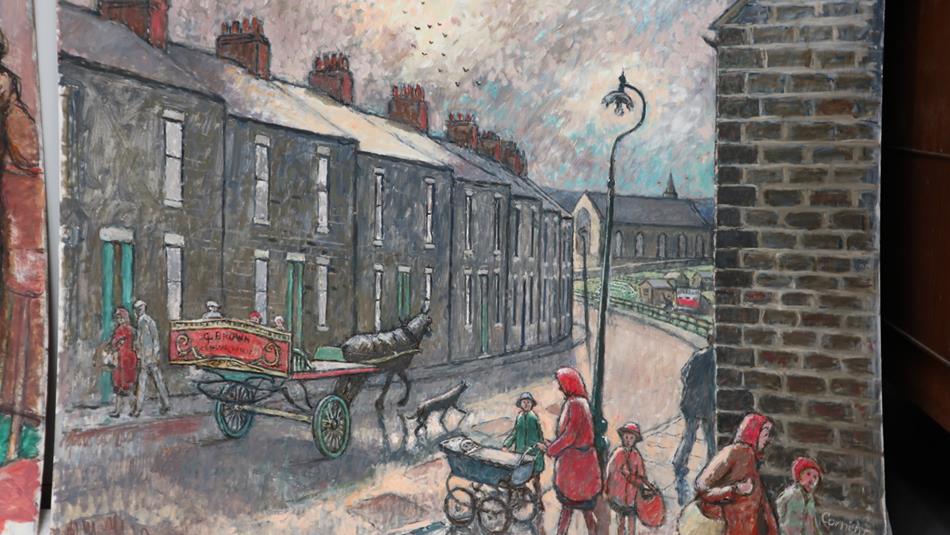 Painting depicting a street scene in an industrial town with terraced houses, a horse-drawn cart, and several figures including children and adults.