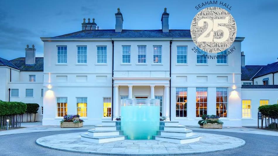 Seaham Hall and Serenity Spa exterior view of entrance. Logo celebrating their 25th Anniversary top right.