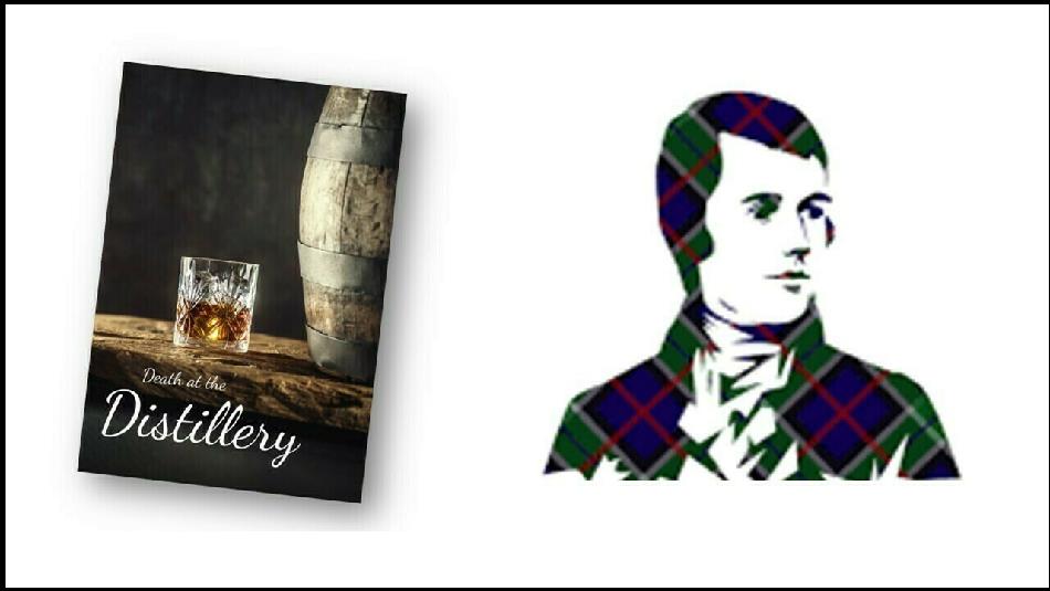 Graphic image of Scottish Poet Robert burns, wearing tartan, along with an image of whiskey.