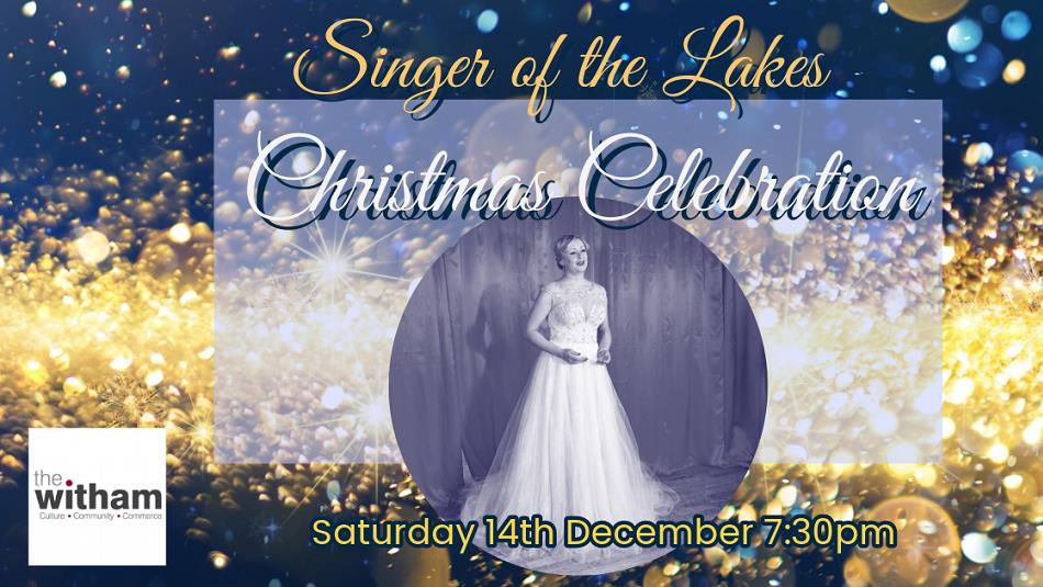 Singer of The Lakes, a woman in a beautiful white gown, on a poster with a background of shimmery golden lights, and baubles.