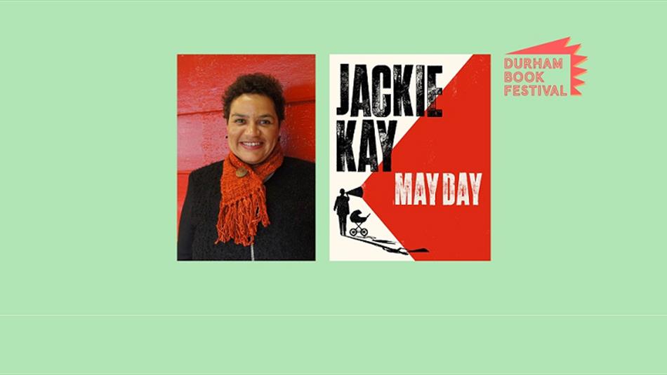 Jackie Kay, next to a cover of her book 'May Day'.