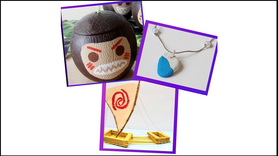 Moana Island Crafts Adventure. Coconut cup, Heart of Te Fiti necklace, Moana's boat.