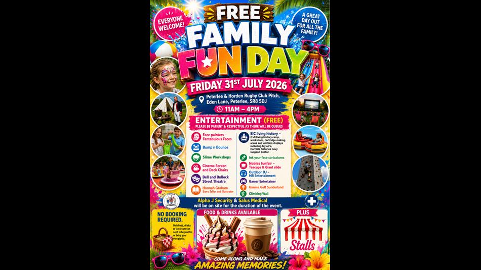 Free Family Fun Day Friday 31st July. Poster shows palm trees, beach balls, sunglasses and fair ground rides.