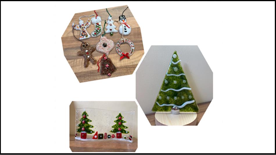A selection of fused glass Christmas decorations - Christmas trees, gingerbread biscuits, snowmen