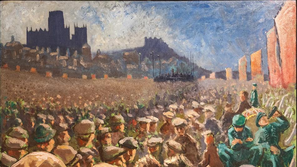 Painting of crowds in Durham City - Durham Miners' Gala.