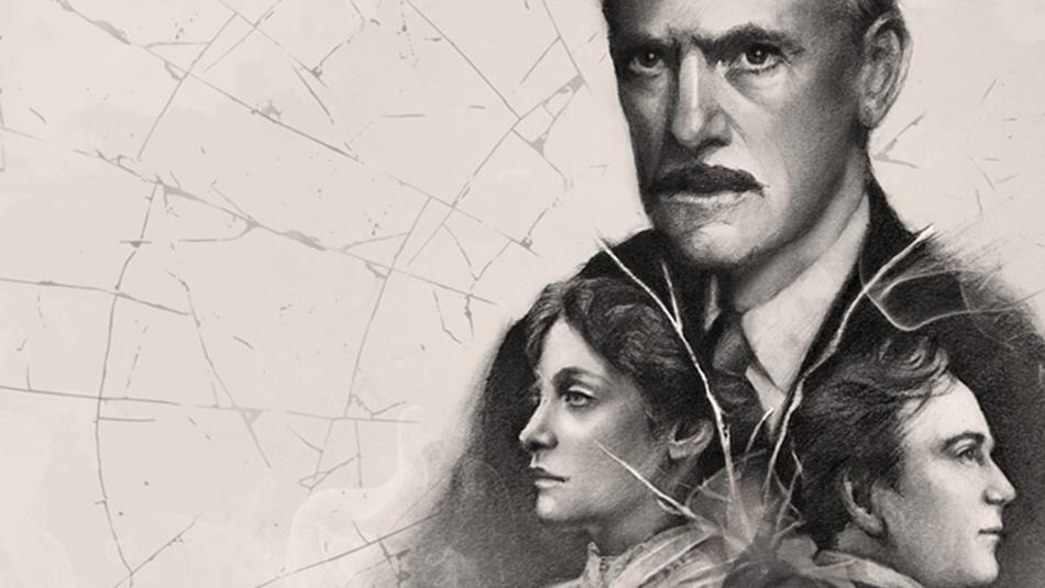 Illustration of three of the Tyrones gathering in the family home on the coast of New England.