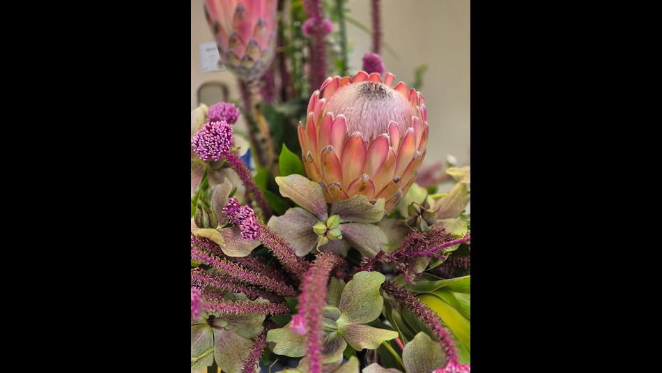 A pink flower arrangement - flowers by Val Guest.