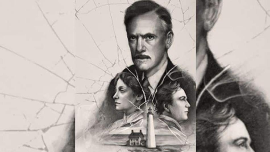 Summer 1912: illustration of the Tyrones above an image of their family home on the coast of New England.