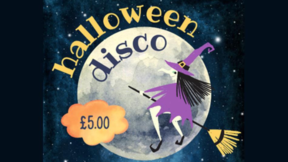 Halloween Disco at Lumley Castle Hotel. Poster of a witch on a broom flying past the moon.