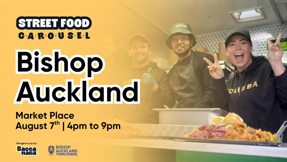 Street Food Carousel Bishop Auckland. Photo of vendors smiling and posing for the camera with hands up in the air.