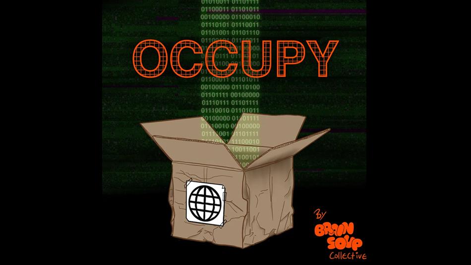 Illustration of a cardboard box, with text above that says, 'occupy'. 
