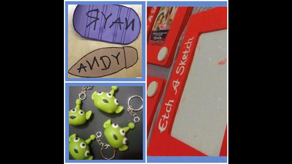 Toy Story Crafts. Collage of photos showing Toy Story key rings, Etch-A-Sketch and personalised Toy Story room signs.
