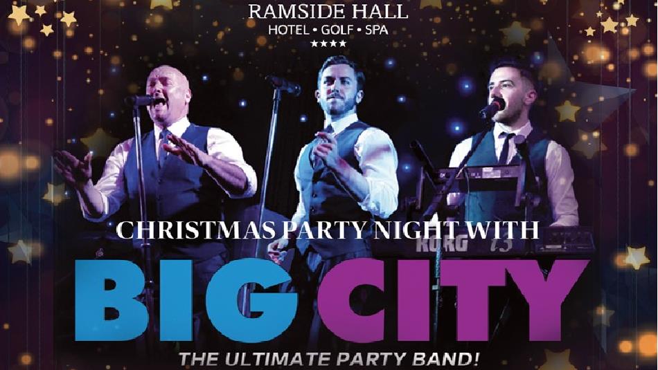 Big City band members performing, text reads, 'Christmas Party Night with Big City'.