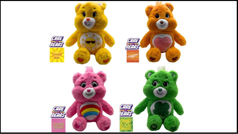 Four Caring Bears in yellow, orange, pink and green.