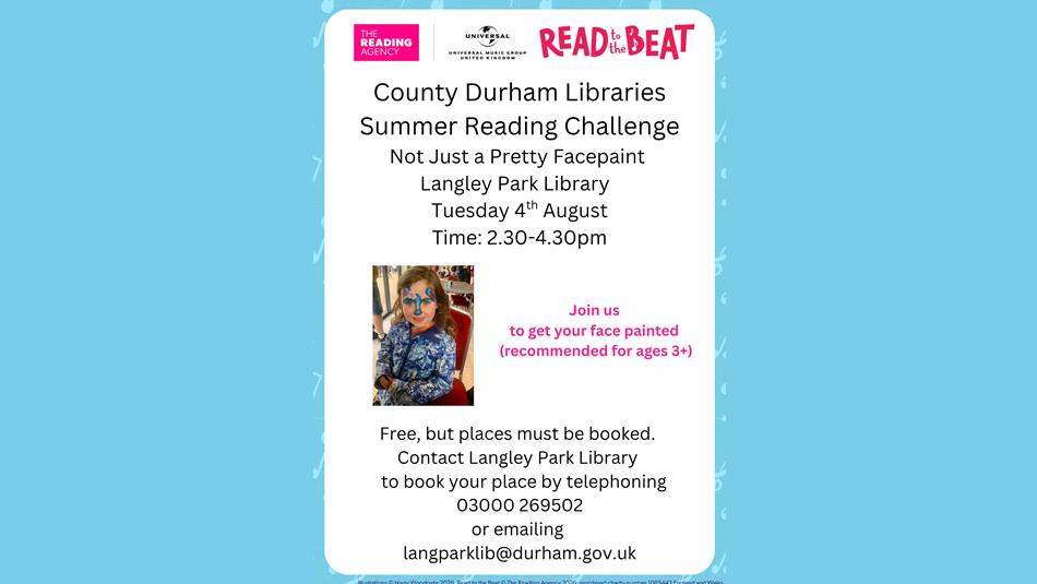 Summer reading challenge ' Not Just a Pretty Facepaint Langley Park Library'. Photo of little girl with her face painted.