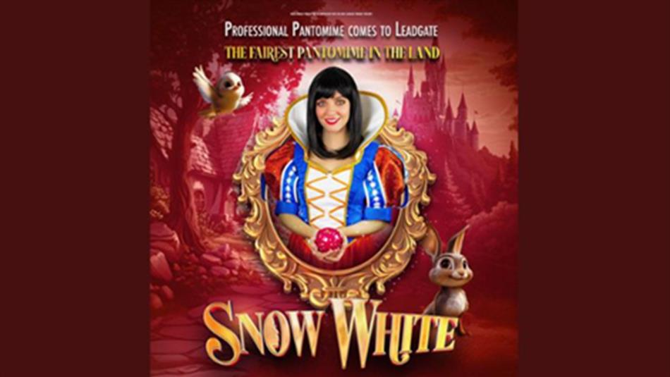 Snow White emerging from a mirror holding an apple.