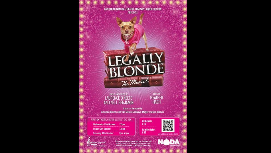 Legally Blonde The Musical. Poster of a dog on books, wearing a pink coat.