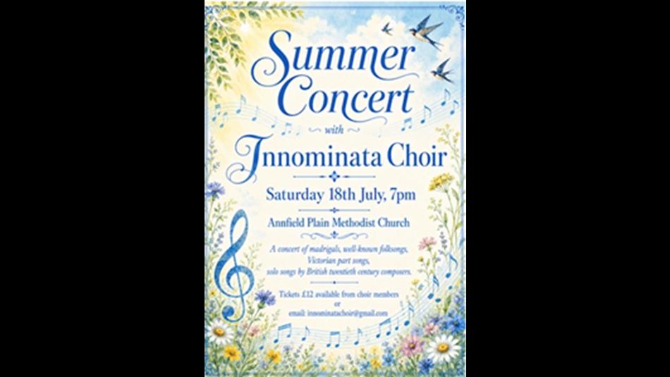 Summer Concert, Innominata Choir. Poster has a border of pretty birds, musical notes and flowers.