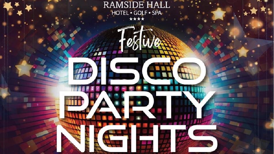 Text reads - 'Festive Disco Party Nights' background shows a disco ball, stars and fairy lights.