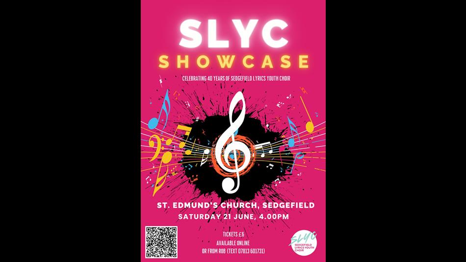 SLYC showcase, graphic image of musical notes, stave and treble clef