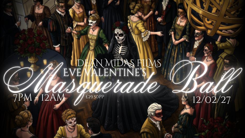 Illustration of people in traditional formal dress at a Masquerade Ball.