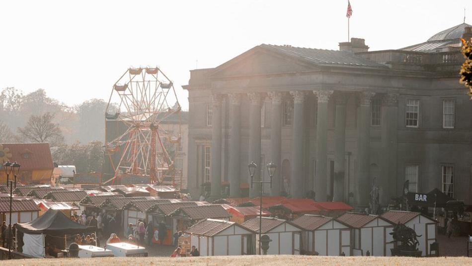 Christmas Fayre at Wynyard Hall with a Ferris Wheel and market stalls.