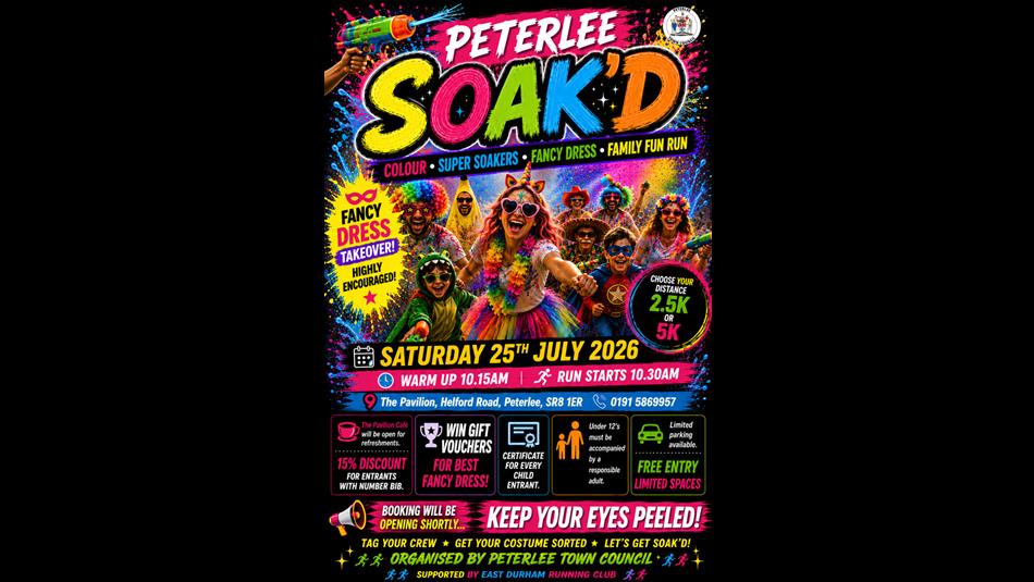 Free Peterlee SOAK'D fun run event - photos of people in multicoloured costumes with super soakers.