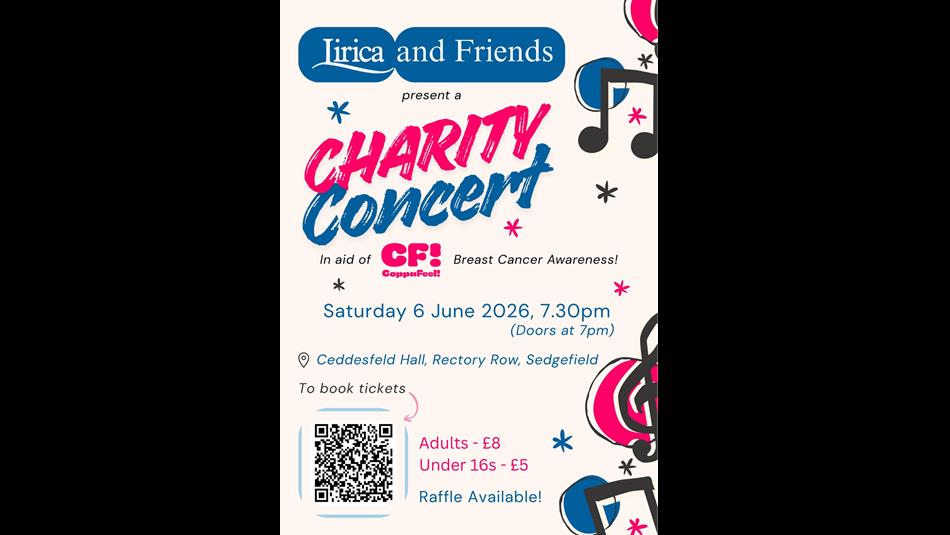 Charity Concert - Lirica and Friends. 6th June 2026 at 7.30pm. Poster shows Treble Clef, musical notes and stars.