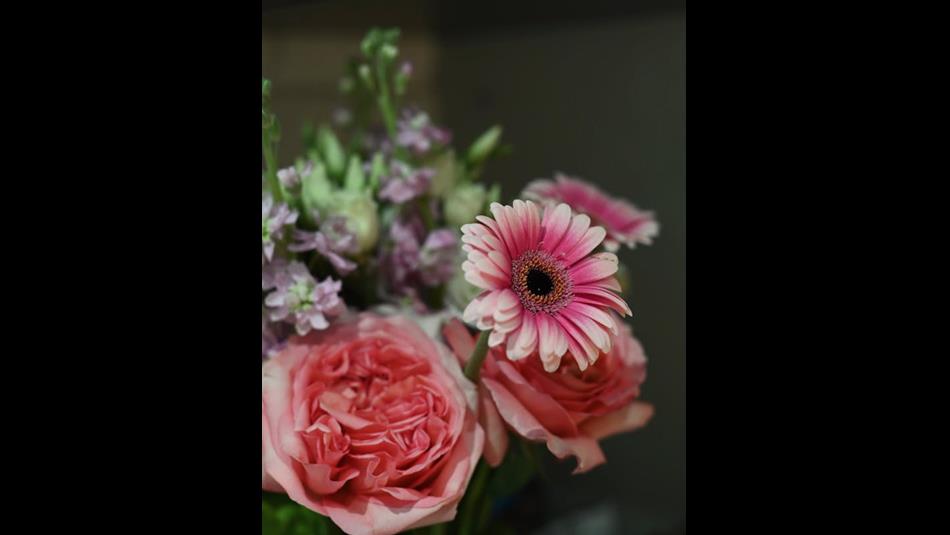 Pink and purple flower arrangement.