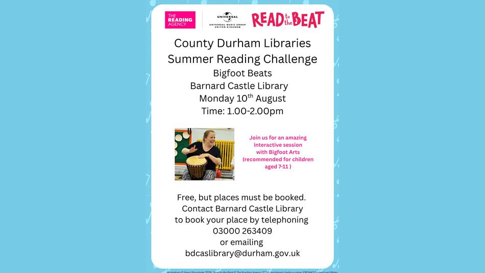 County Durham Libraries Summer Reading Challenge, 'Bigfoot Beats' at Barnard Castle Library. 10th August 2026. Person playing a drum.