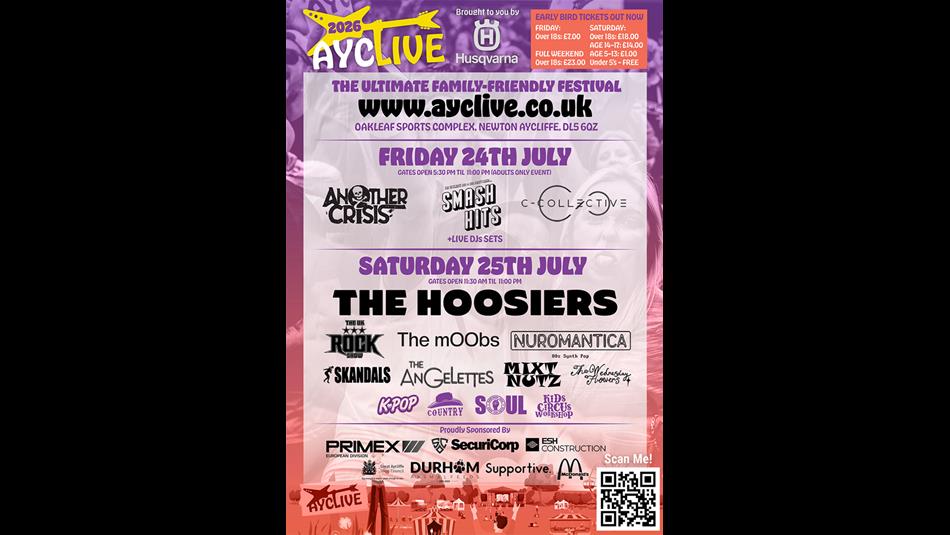 Ayclive poster, 24th/25th July, with the image of a crowd in the background showing festival goers enjoying themselves.