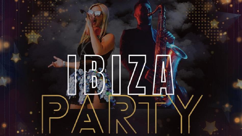 DJ & Sax performing. Text reads 'Ibiza Party' against a background of stars and twinkly lights.