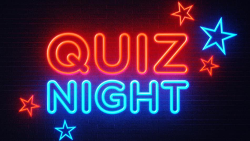 Red and blue neon text which states, 'Quiz Night', with stars around it.