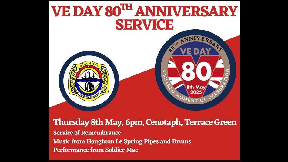 Emblem reading VE DAY 80th Anniversary 8th May, 6pm - Terrace Green Cenotaph