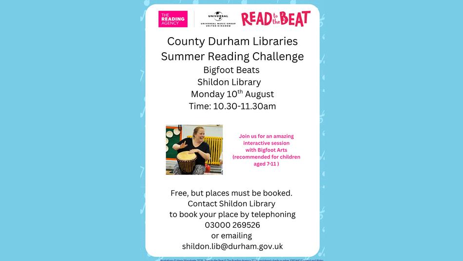 County Durham Libraries Summer Reading Challenge, 'Bigfoot Beats' at Shildon Library. Photo of a person playing a drum.