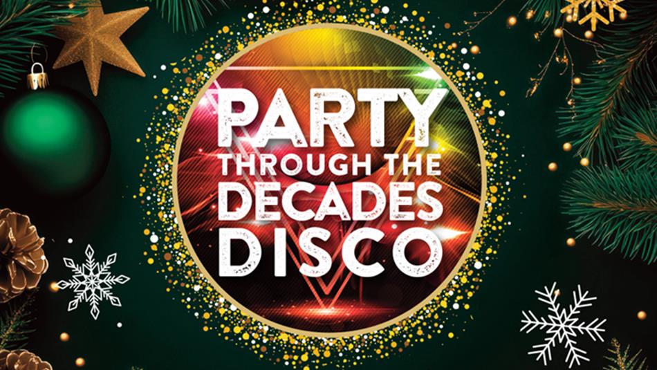 Party Through the Decades Poster. with baubles, stars and snowflakes.