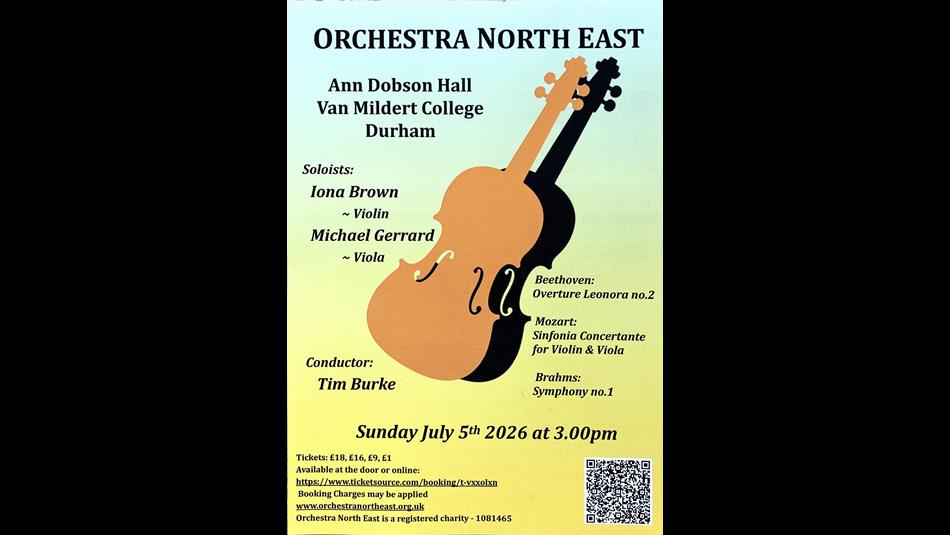 Orchestra North East Ann Dobson Hall, Van Mildert College. July 5th, 3pm. Graphic image of cello.