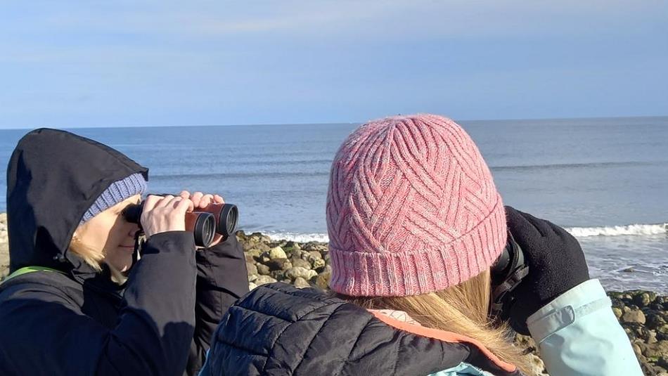 Birdwatchers peering out to see with binoculars on a chilly day.