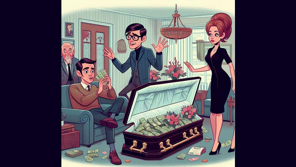 Illustration of a people standing around a coffin full of money