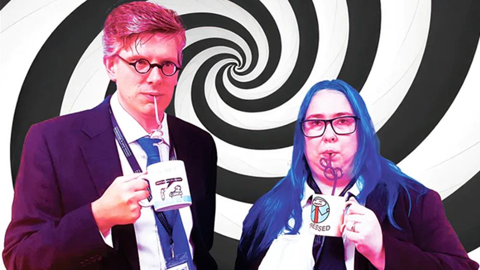 Emma Crossland & Sam Wilkinson drinking from mugs with swirly straws, standing against a swirly background.