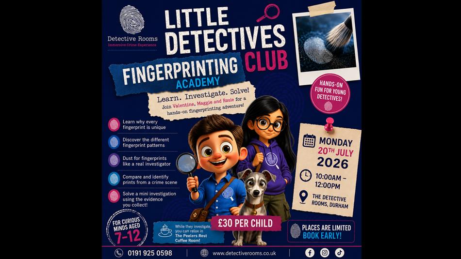 Little Detectives Finger Printing Club. Graphics show two children and a dog. One child is holding a magnifying glass.