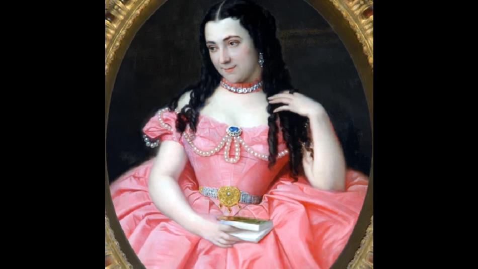 Painting of Joséphine Bowes in a pink dress