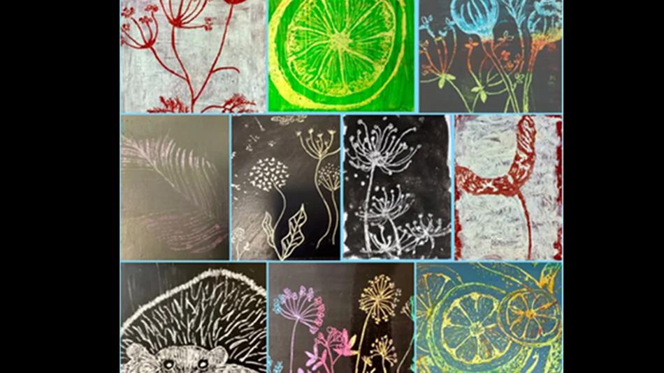 Sgraffito art in various designs showing plants and creatures.
