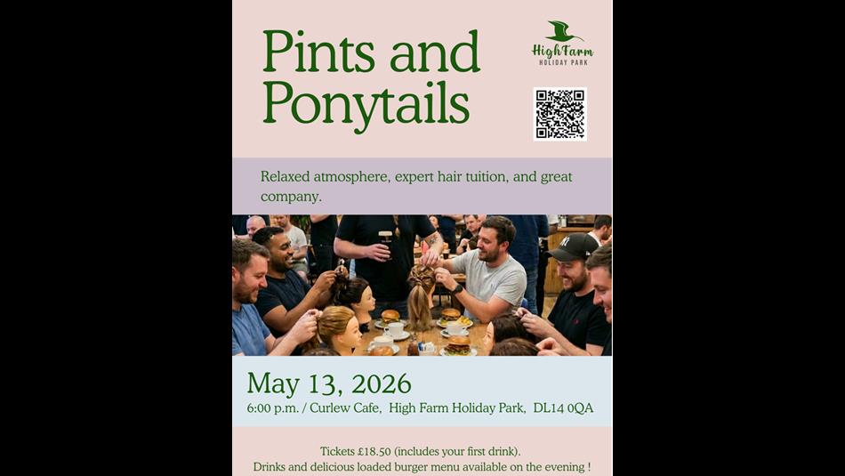 Pints and ponytails, a group of men styling learning to style hair on models.